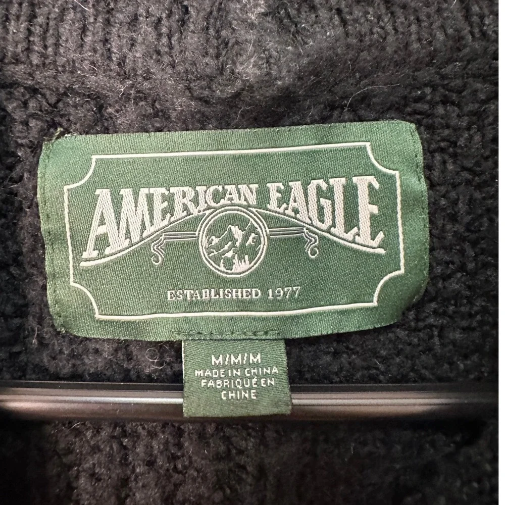 VTG American Eagle Mock Neck Patchwork Knit Sweater Black M Ribbed Cable Knit